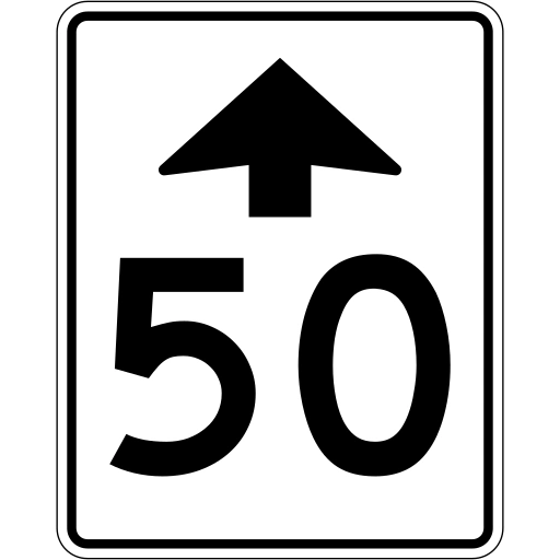 A white rectangular sign with a black upward arrow above the number 50.