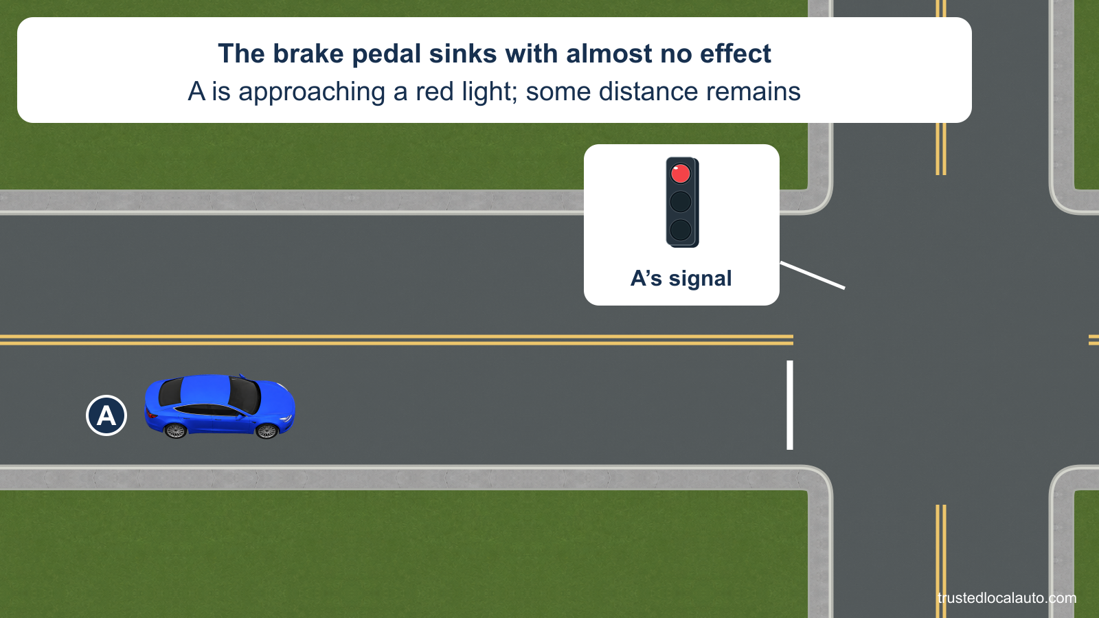 A approaches a signal-controlled intersection on a two-way road. A labeled signal detail shows steady red, and a stop line lies well ahead of A. The card states that the brake pedal sinks with almost no effect.