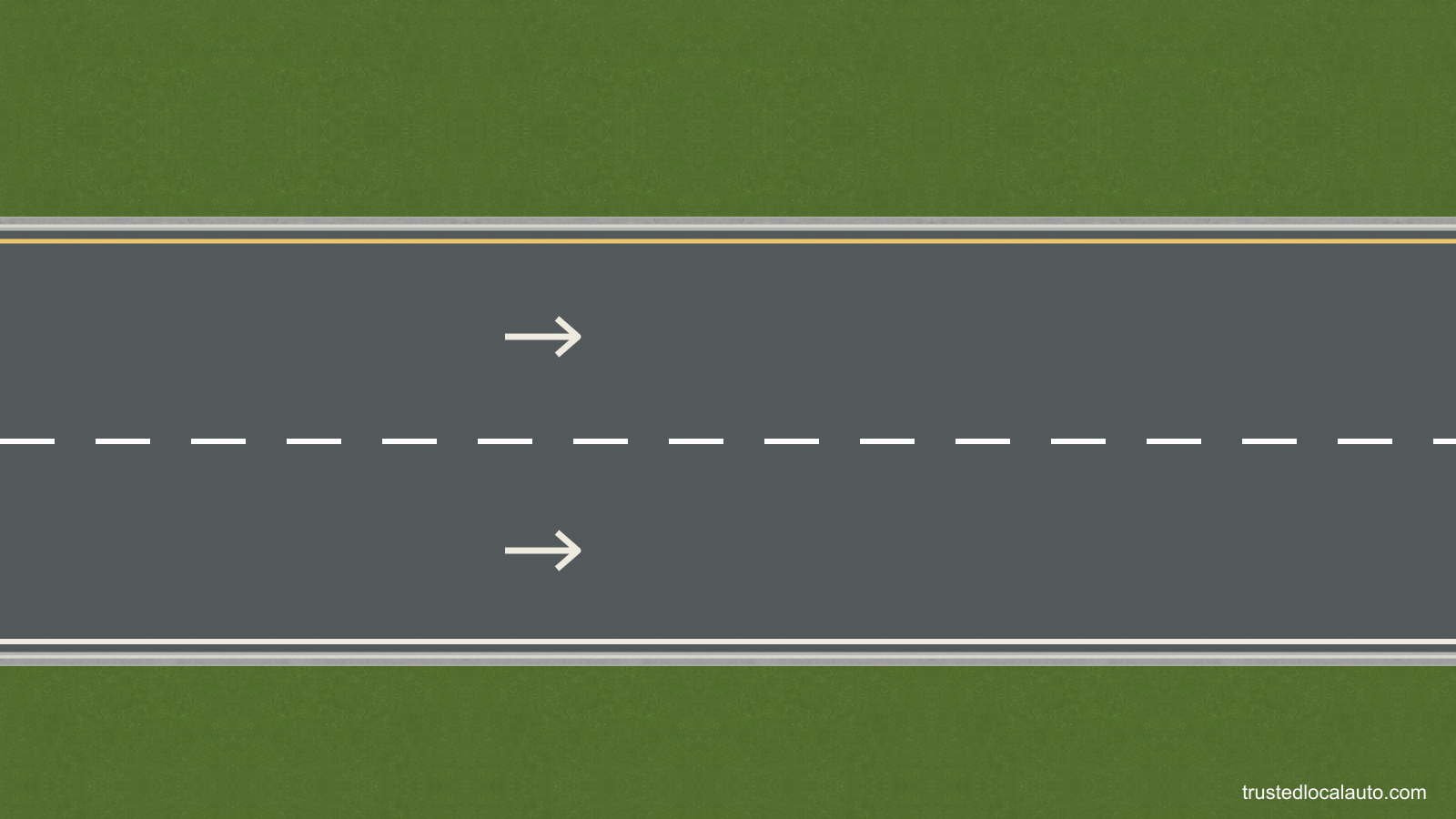 Two clear interstate lanes have white arrows pointing in the same direction. No travel lane is highlighted.