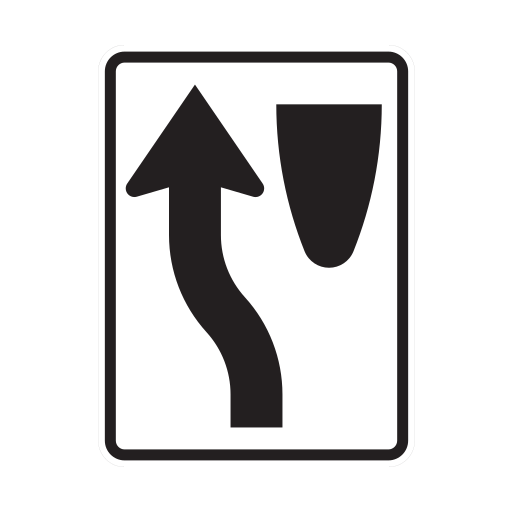 A white sign shows an upward black arrow curving to the left of a black obstruction shape.