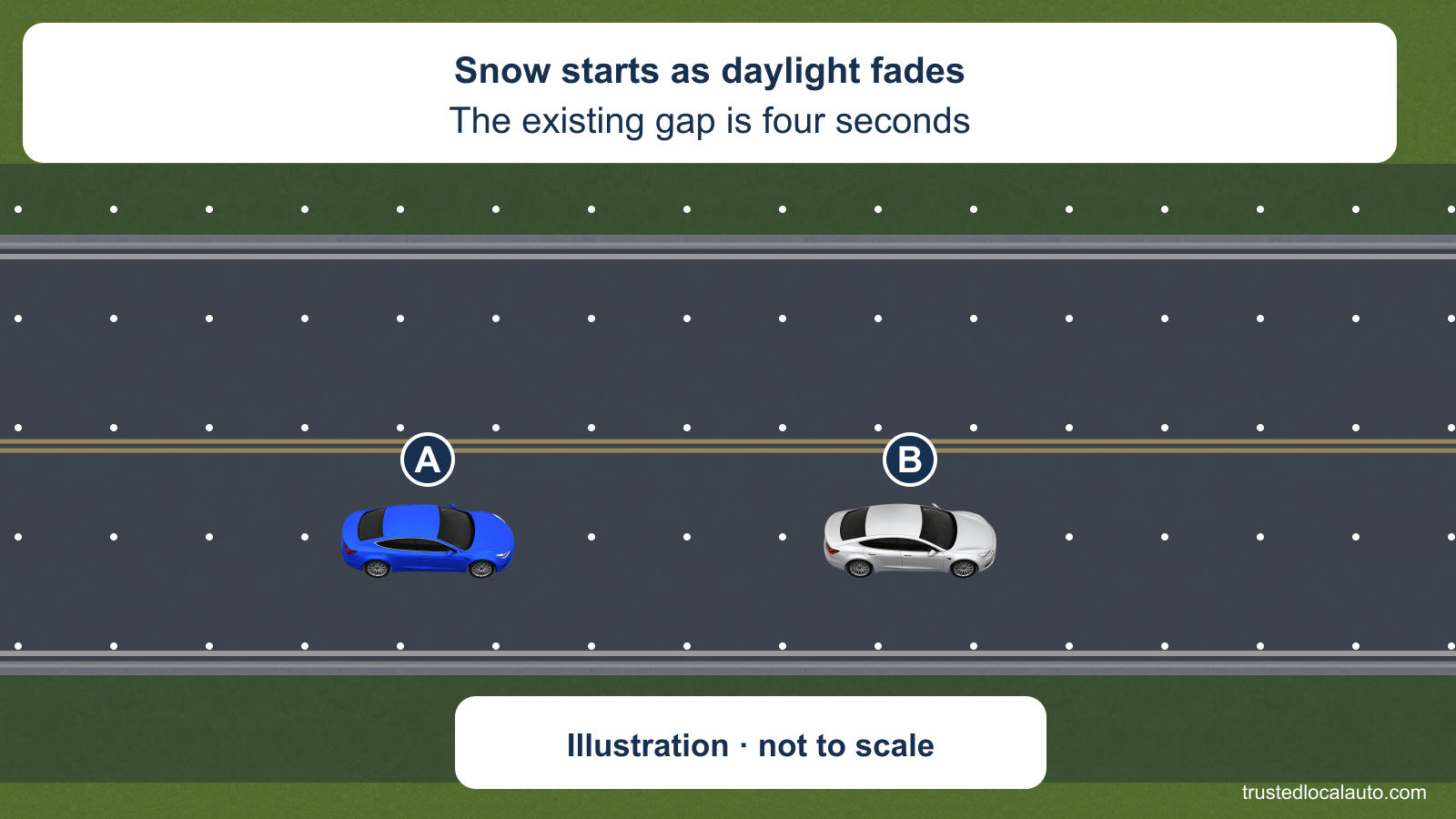A follows B as snow falls and daylight fades. The card gives the existing gap as four seconds. The illustration is marked not to scale.