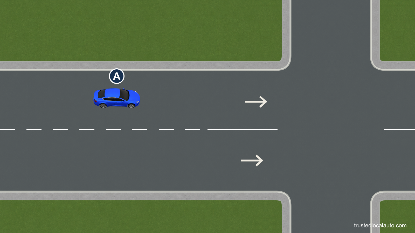 A is in the left of two same-direction lanes approaching a junction. The white lane separator changes from broken to solid before the intersection.