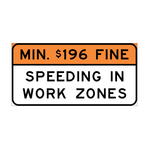 B.C. road sign C-082 displaying Minimum $196 fine for speeding in work zones.