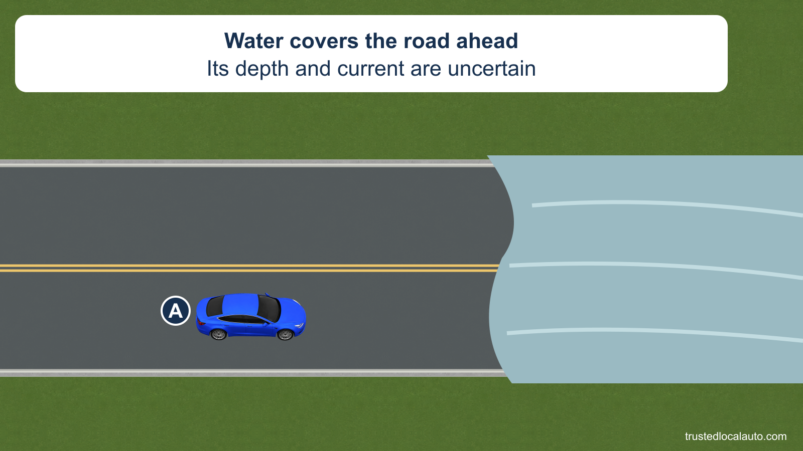 Car A is before water covering the full roadway ahead. The card states that its depth and current are uncertain. No turn route or safe turnaround location is shown.