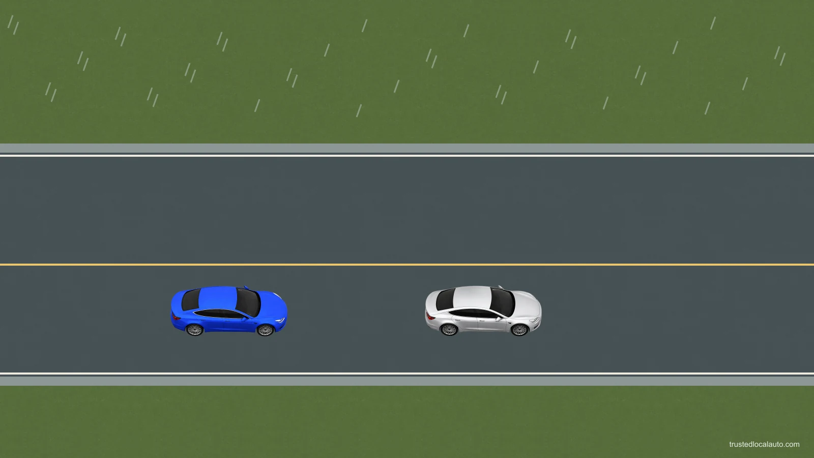 Two cars travel in the same direction on a wet road in rain. The rear car follows the car ahead.