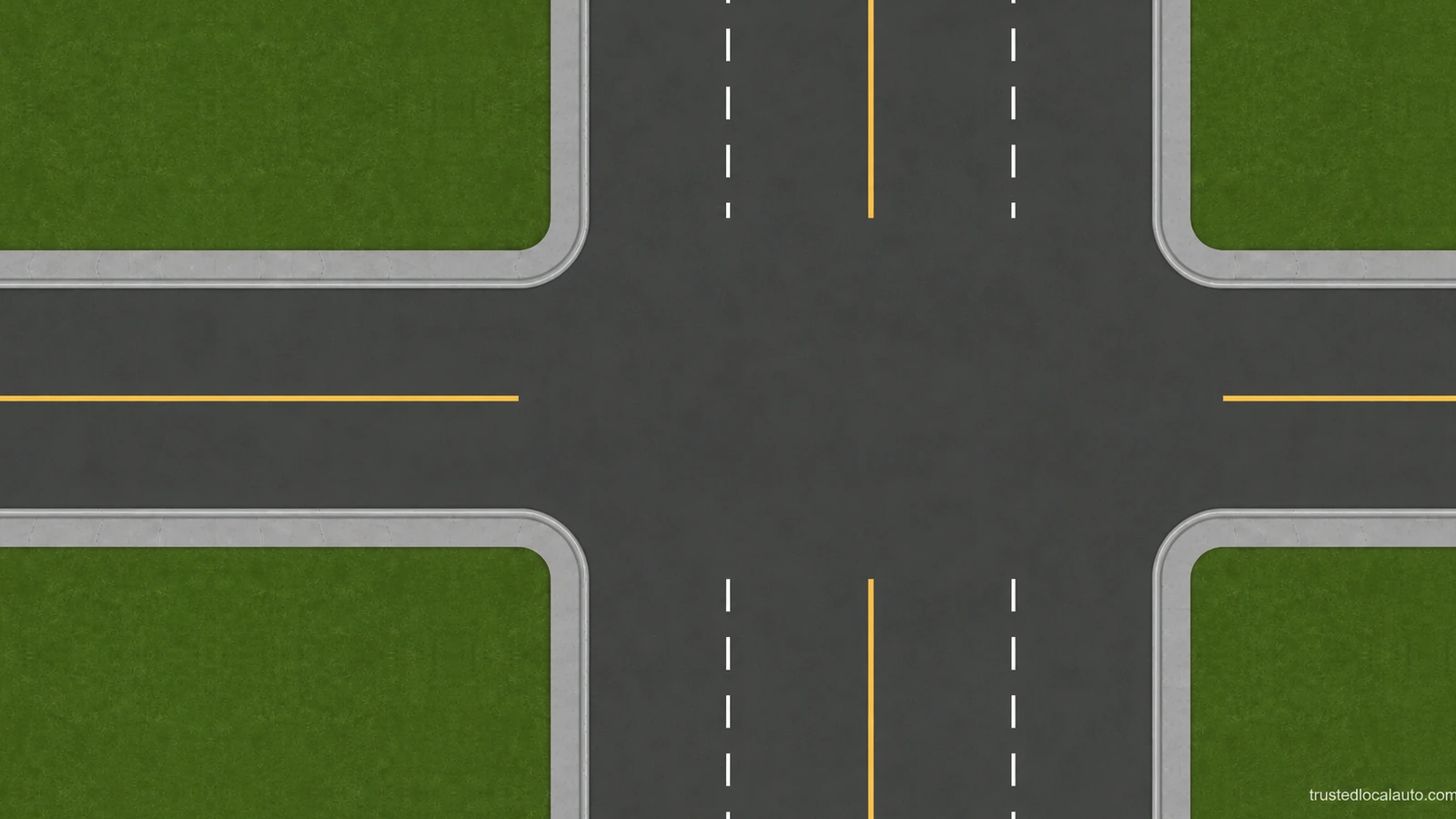 An empty intersection shows the curbs, center lines and lane markings with no car in a selected turning position.