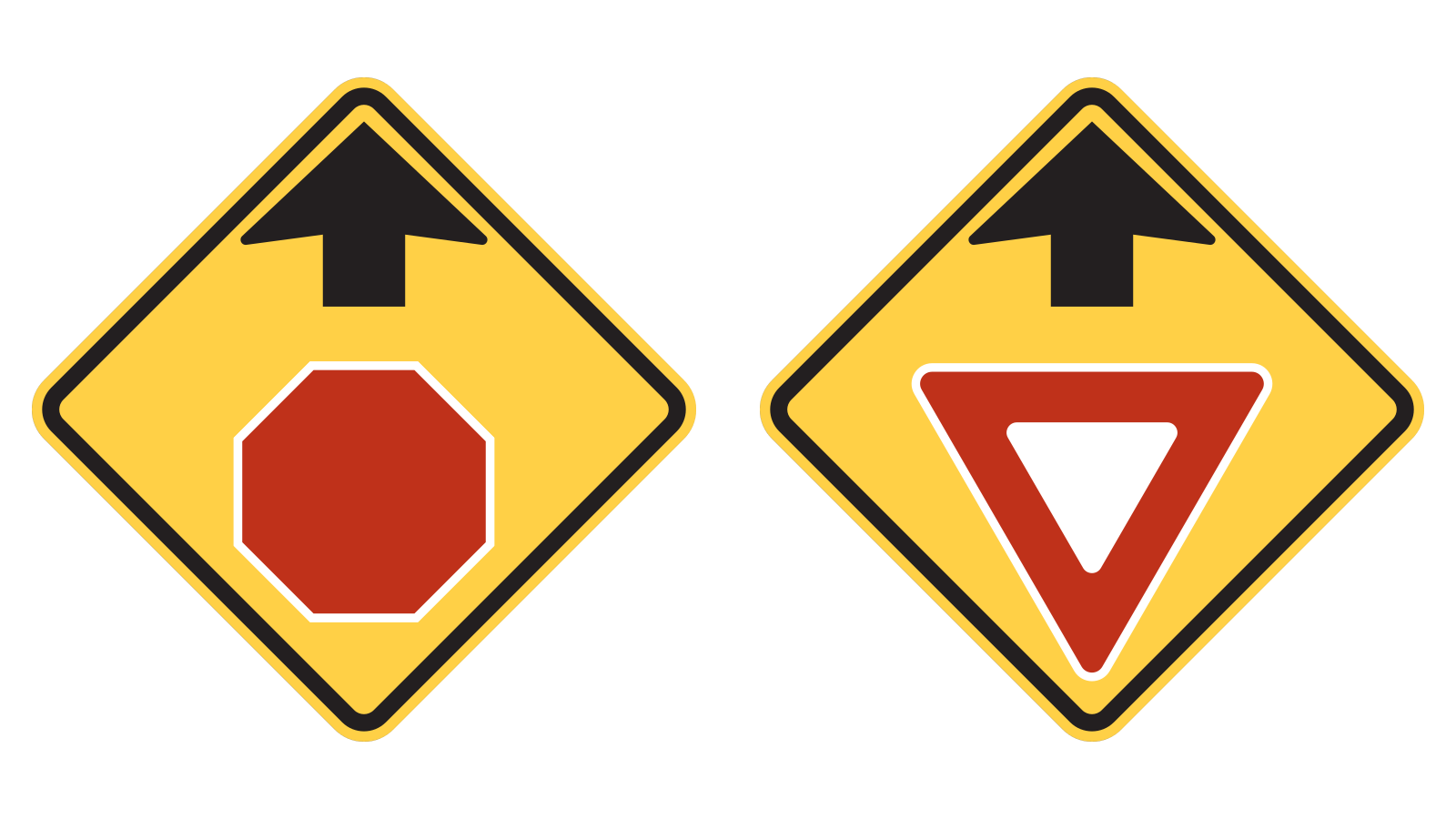 Two yellow diamonds show upward arrows above a red octagon and a downward red-bordered triangle, respectively.