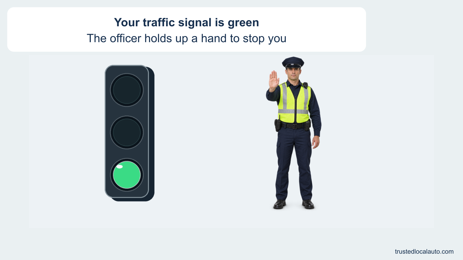 A green light in the bottom lens of a traffic signal is shown beside a uniformed police officer holding an open hand toward the viewer.