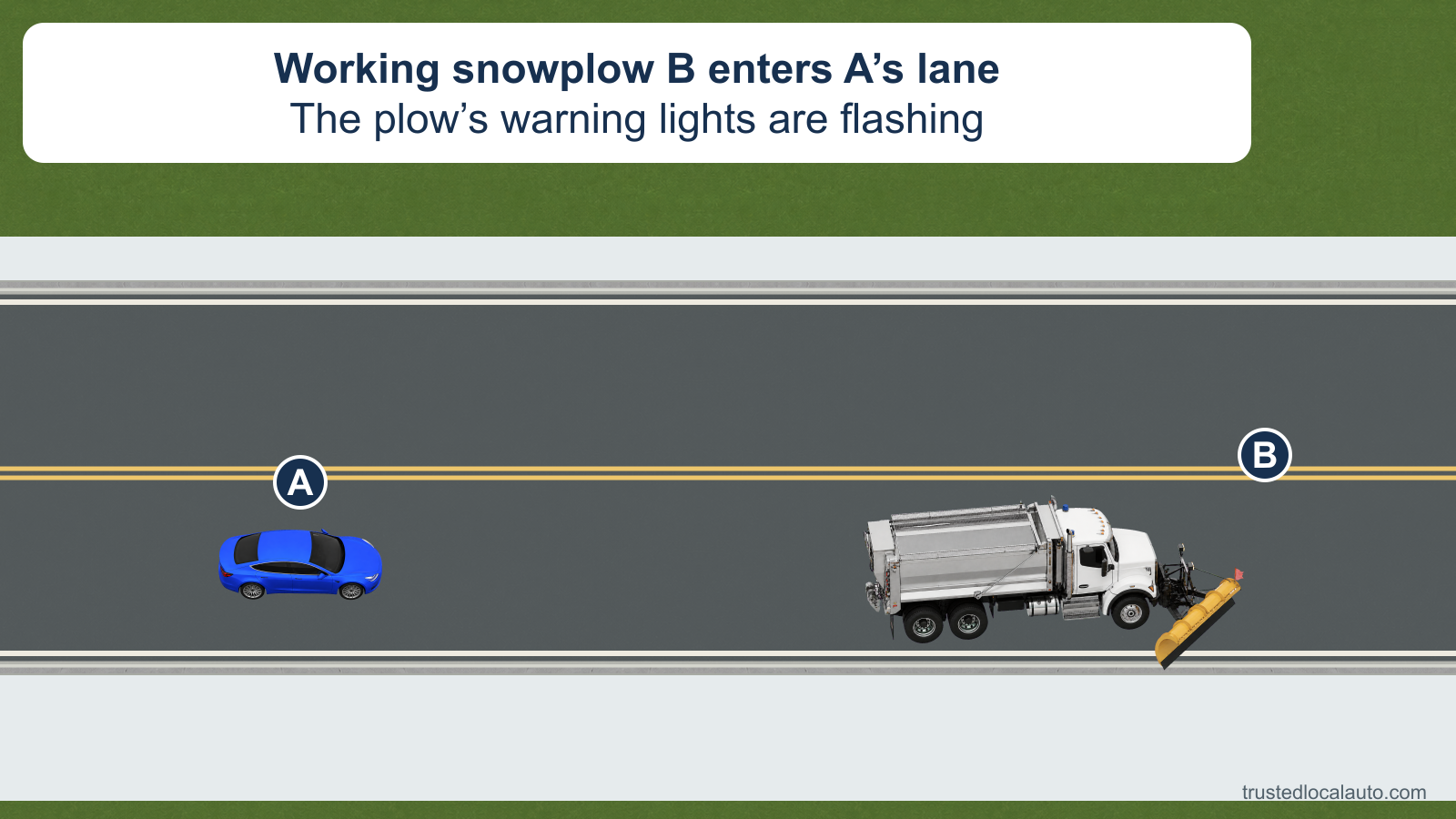 Blue A approaches a working gray snowplow that straddles the right edge as it begins to enter A’s lane. The card identifies its flashing warning lights.