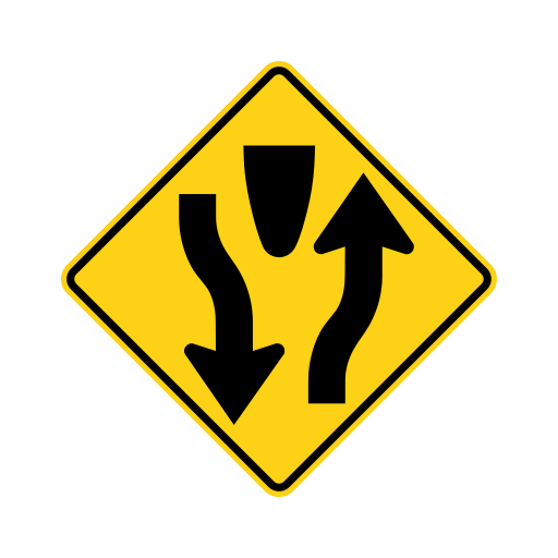 Two black arrows bend past opposite sides of an island at the top of a yellow diamond.