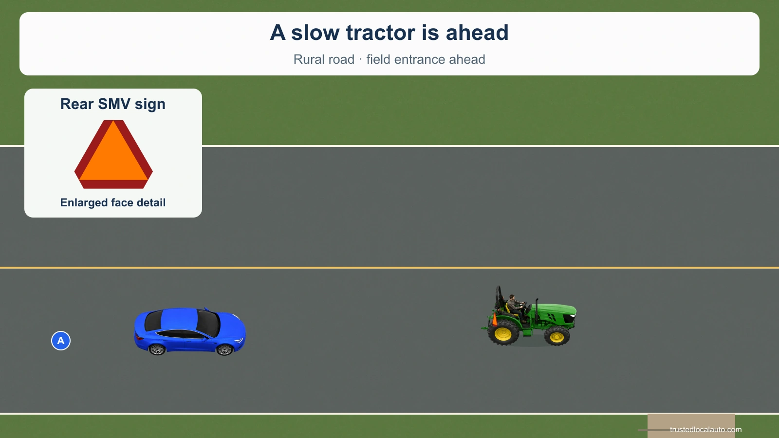 A follows a slow green farm tractor on a rural road near a field entrance. The tractor carries a rear-facing SMV sign, clarified by an enlarged exact-source sign detail.
