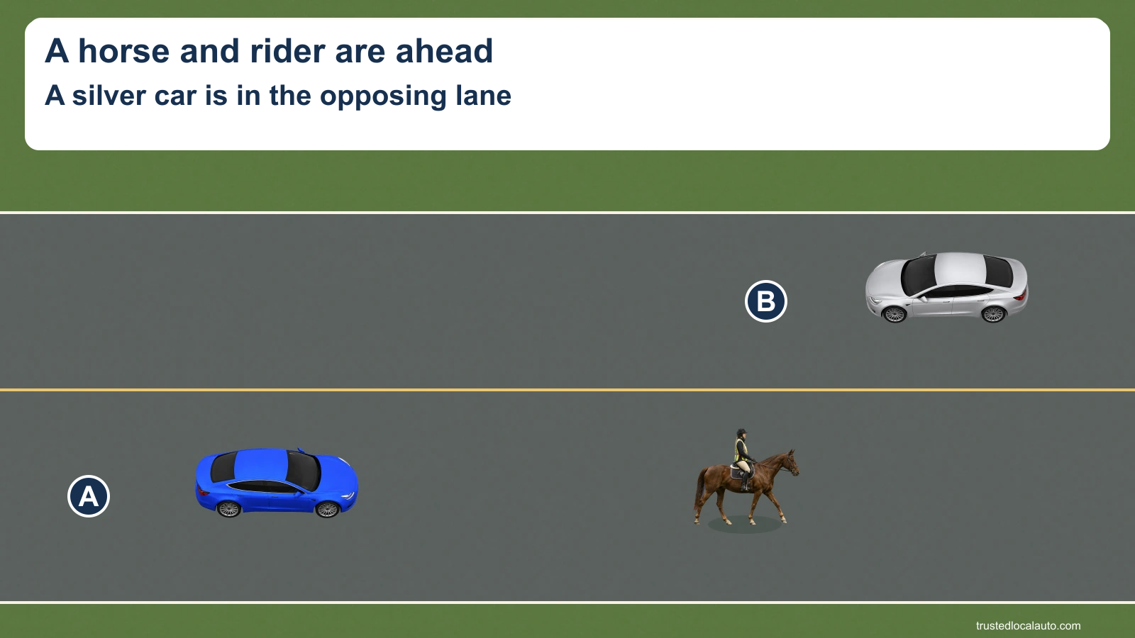 Blue A is behind a horse and rider near the right side of the roadway. Silver B occupies the opposing lane; the card describes these positions.