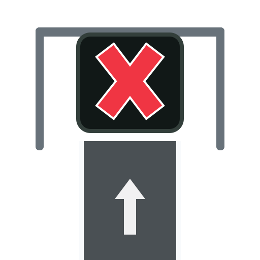 One overhead signal displays a steady red X directly above one travel lane.