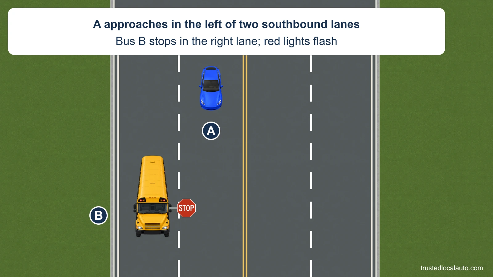 A approaches in the inner left southbound lane. B is a stopped school bus in the outer right southbound lane, with red warning lamps and an extended STOP arm.