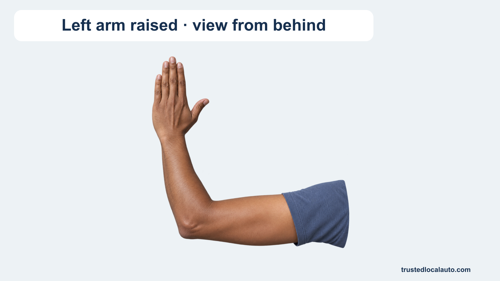 Viewed from behind, a driver’s left upper arm extends sideways and bends at the elbow, with the forearm and fingers pointing upward.