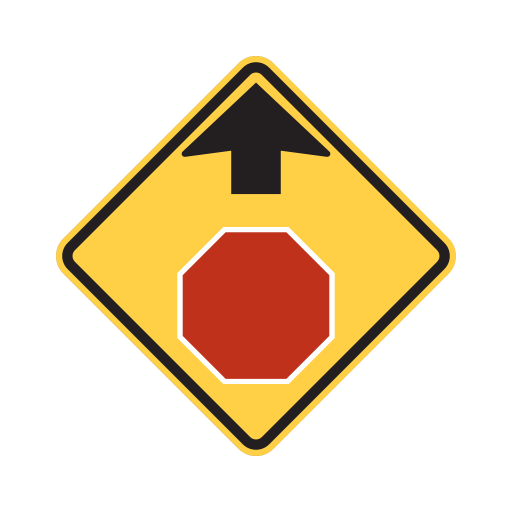A yellow diamond shows a black upward arrow above a red octagon.