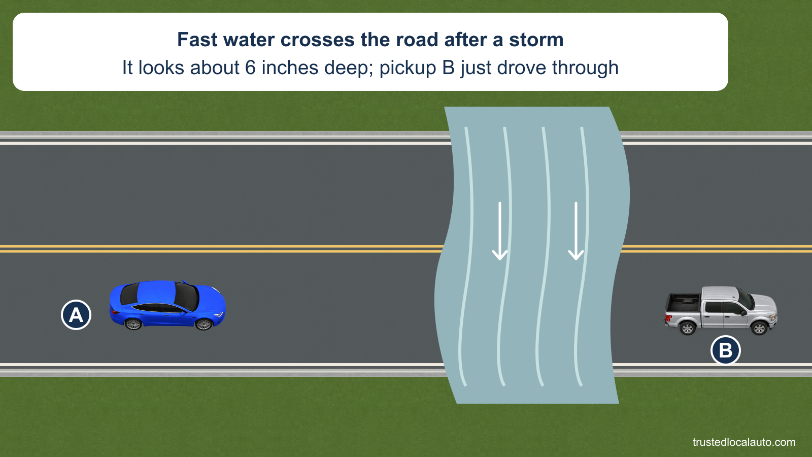 A approaches fast-moving water across both lanes at a low spot in the road after a storm. White flow arrows mark the current, and silver pickup B is already on dry road beyond it; the card says the water looks about six inches deep, not that its depth is known.