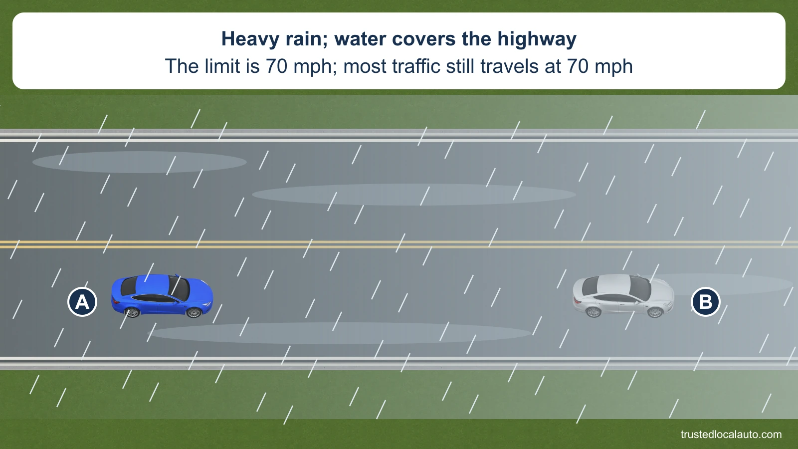 Blue A follows silver B on a highway in heavy rain. Water covers the road and a rain veil reduces the view ahead. The card states the 70 mph posted limit and that most traffic still moves at that speed. No target speed, hazard-light use or increased-gap response appears.