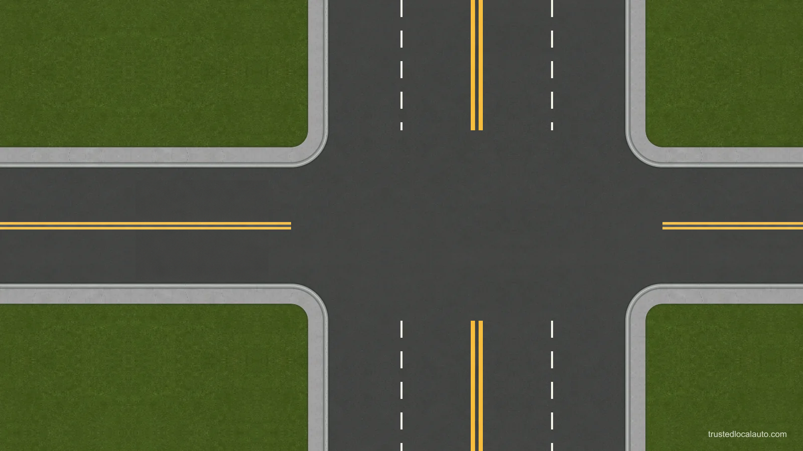 An empty four-arm junction has a horizontal road with one lane in each direction and a vertical road with multiple lanes. White lane dividers and double yellow centerlines show its geometry. No vehicle or turn route is selected.