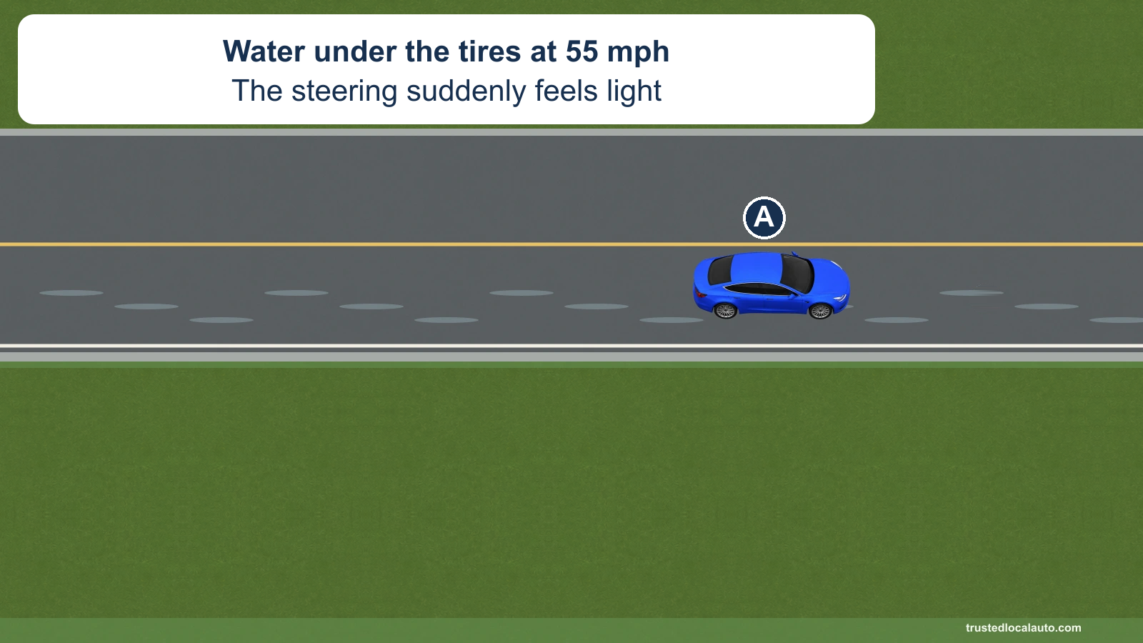 A crosses pooled water on a rain-soaked highway. The fact card states that the steering feels light while traveling at 55 mph.