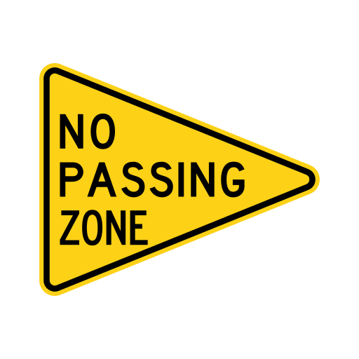 Yellow pennant-shaped sign reading NO PASSING ZONE in black letters.