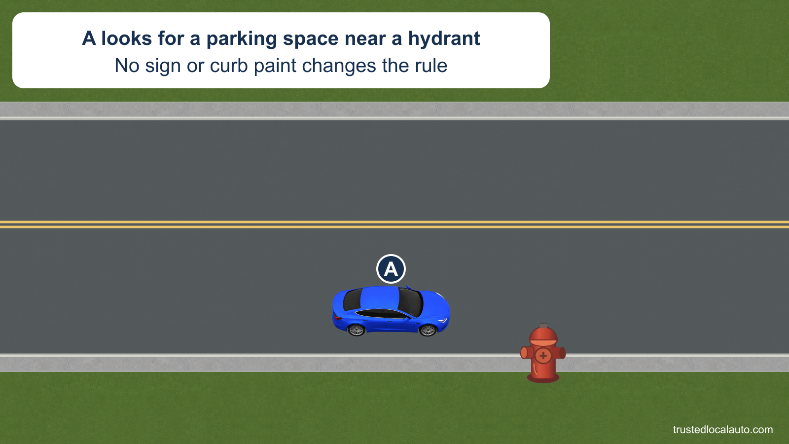 A considers a curb space near a fire hydrant on a two-way street. No parking distance is marked in the question.