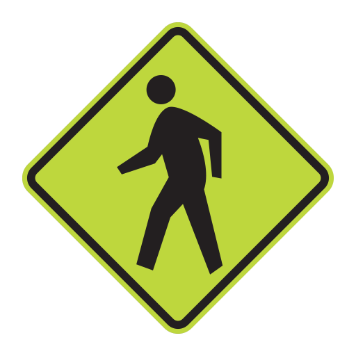 A black walking figure appears on a fluorescent yellow-green diamond with a black border.