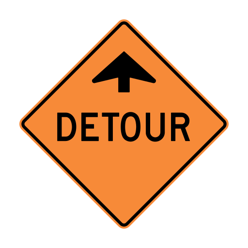 Orange diamond sign with a black upward arrow and the word DETOUR.