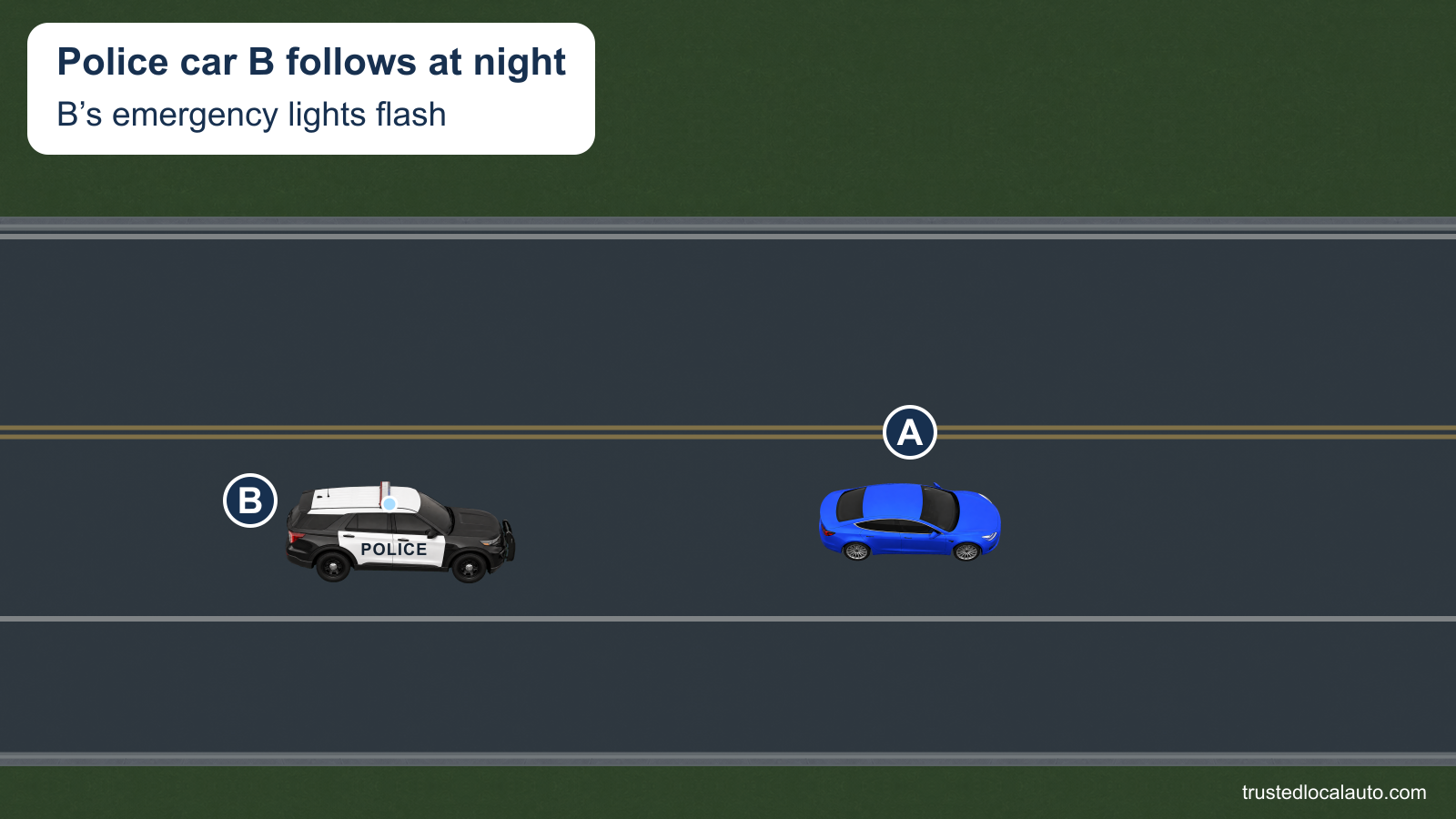 At night, blue A is still in the eastbound travel lane; police car B approaches behind with flashing lights.