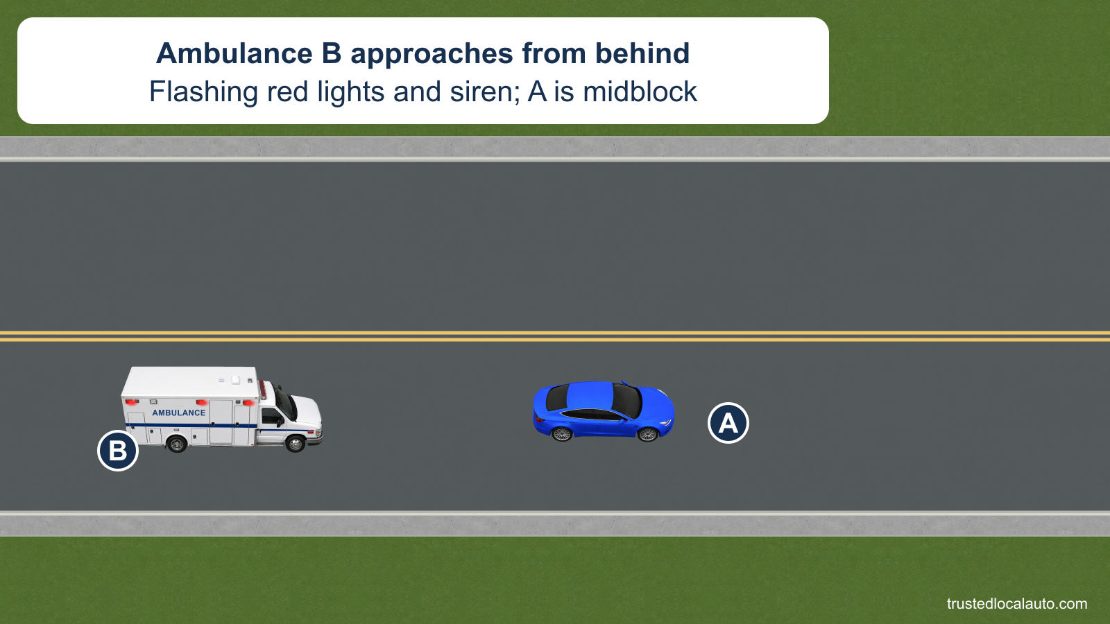Ambulance B approaches A from behind in the same city-street lane. Red glow marks sit over its warning-light lenses, and the card identifies flashing lights and a sounding siren. This is a middle-of-block scene.
