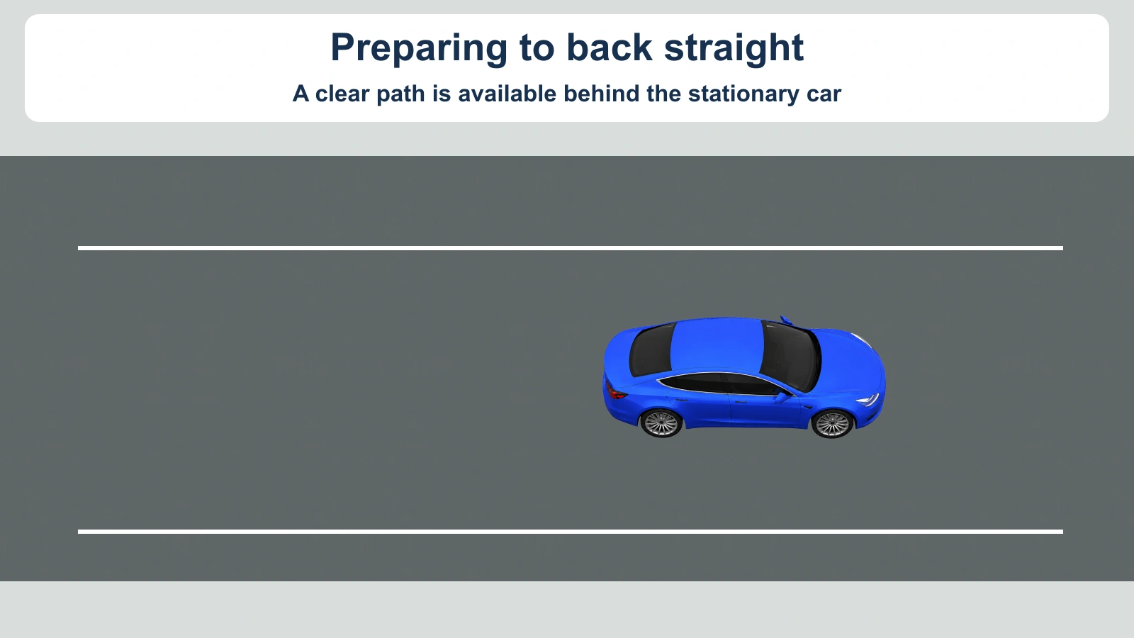 A stationary blue car has a straight, clear parking path behind it.
