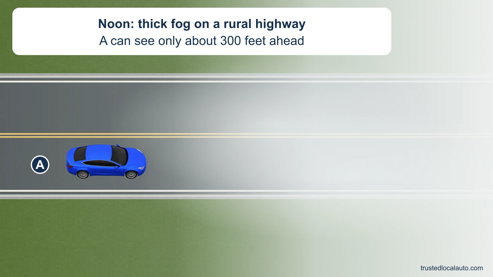 At midday, A approaches thick fog on a rural two-lane highway. The center and edge lines fade into the fog; the card states visibility of about 300 feet, without selecting a headlight setting.