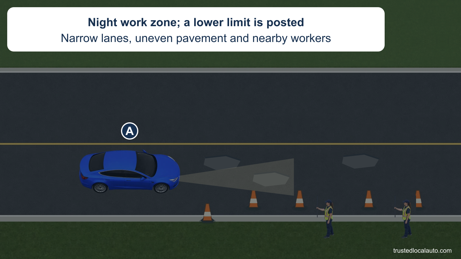 A enters a dark highway work area with cones narrowing its lane, uneven pavement patches ahead, and two high-visibility workers close to the right edge. A fact card states that a lower work-zone limit is posted.