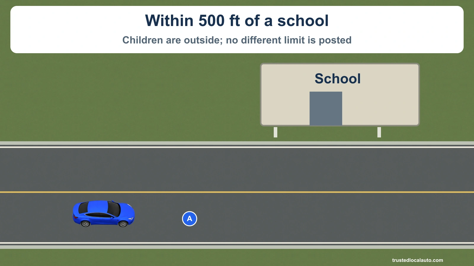 A travels near a school. The stated scene conditions are within 500 feet, children outside, and no different posted limit. The building is a schematic landmark; children are outside the cropped road view.