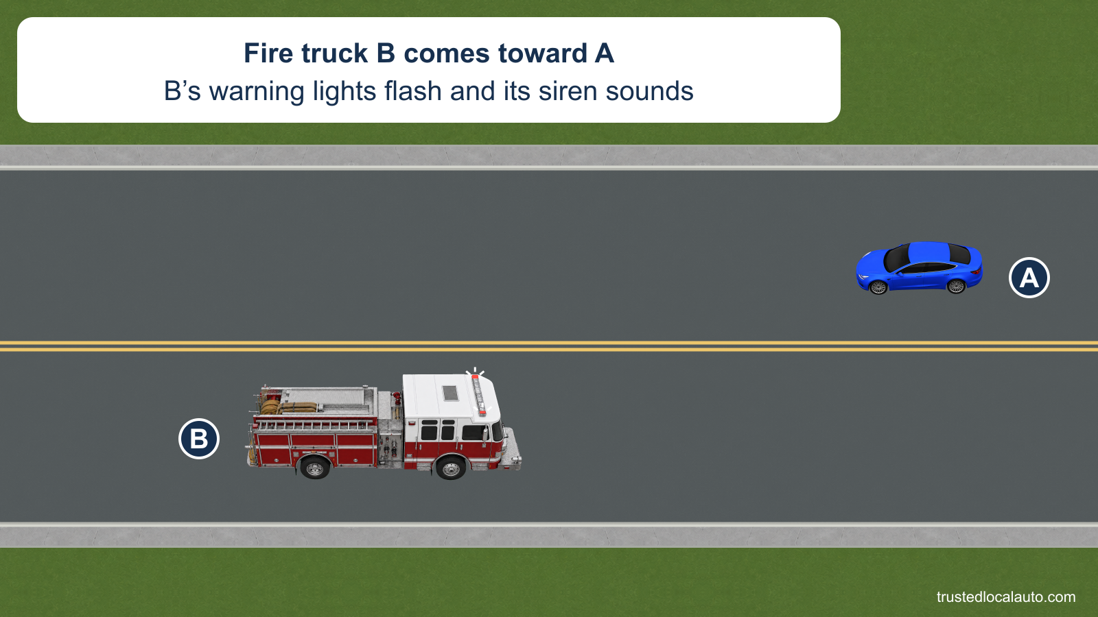 A travels left in the upper lane of a two-lane road. Fire truck B approaches in the opposite lower lane with its warning lights flashing and its siren sounding.