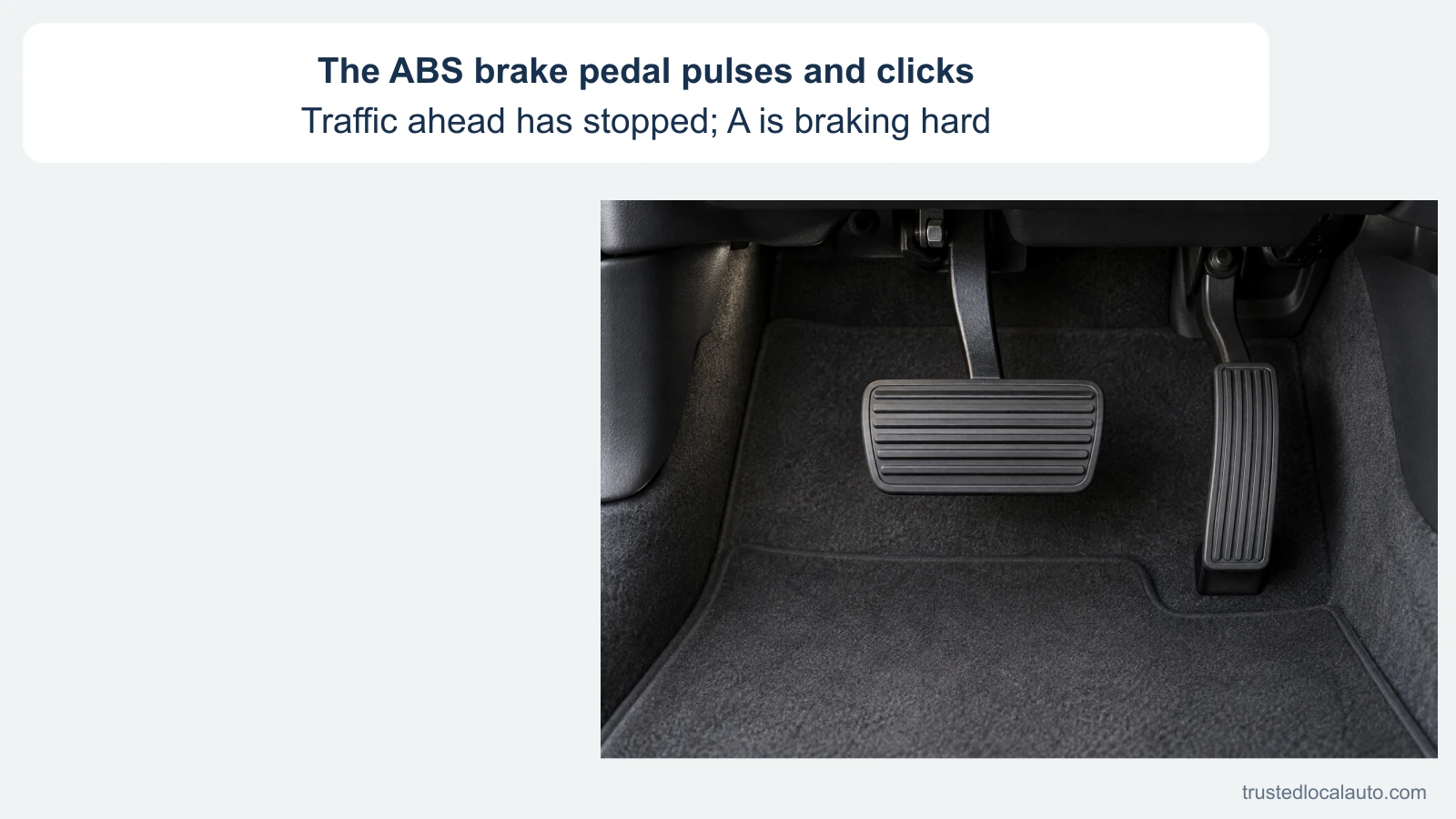 A broad brake pedal and narrow accelerator appear in an automatic-car footwell, with no foot shown. The card repeats the stated ABS pulsing and sudden stop ahead; no foot, pressure mark or action sequence is shown.