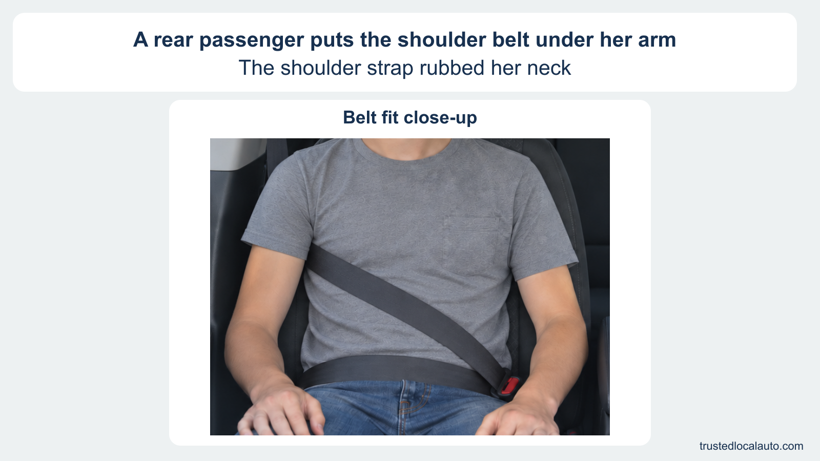 A close-up of a buckled passenger’s torso shows the shoulder strap beneath the arm and across the lower chest. The lap belt lies low across the hips. No corrected routing is shown.