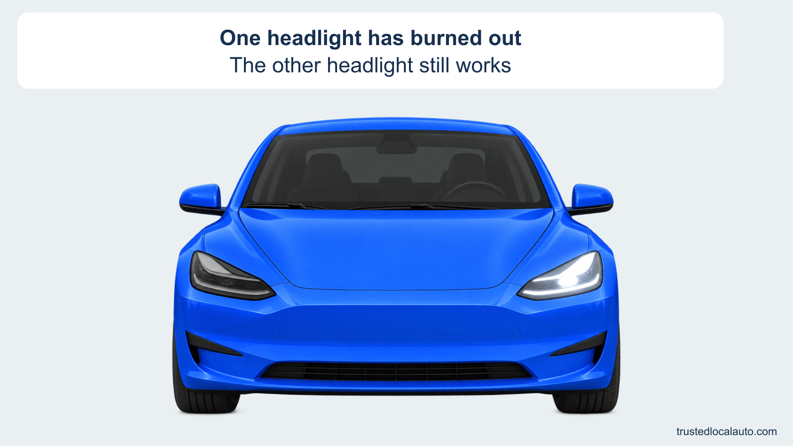 Front view of one blue passenger car. Its viewer-left headlamp is dark, and its viewer-right headlamp is illuminated white. The card states that one headlight has burned out and the other works.