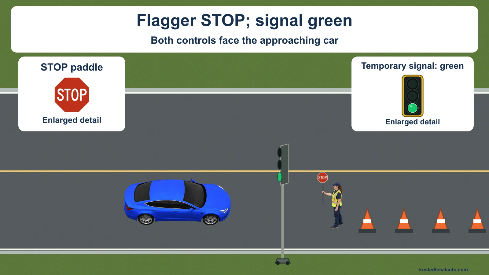 An authorized flagger holds a STOP paddle toward the approaching blue car. A temporary signal facing the same car shows green. Enlarged details show the STOP paddle and the lower green signal lens. Cones mark the work area beyond the flagger.
