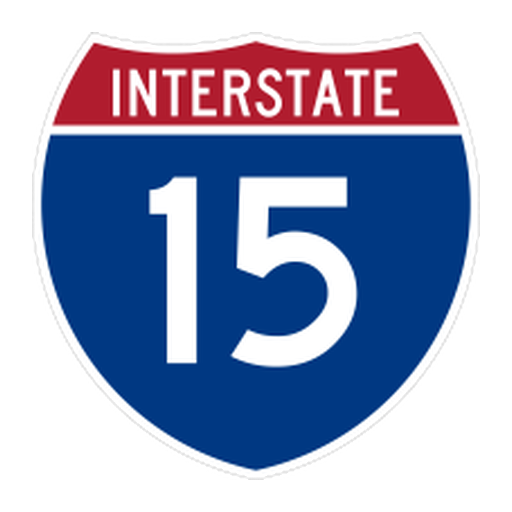A shield has a red upper band with white INTERSTATE lettering. Its blue lower field has the white number 15, surrounded by a white border.