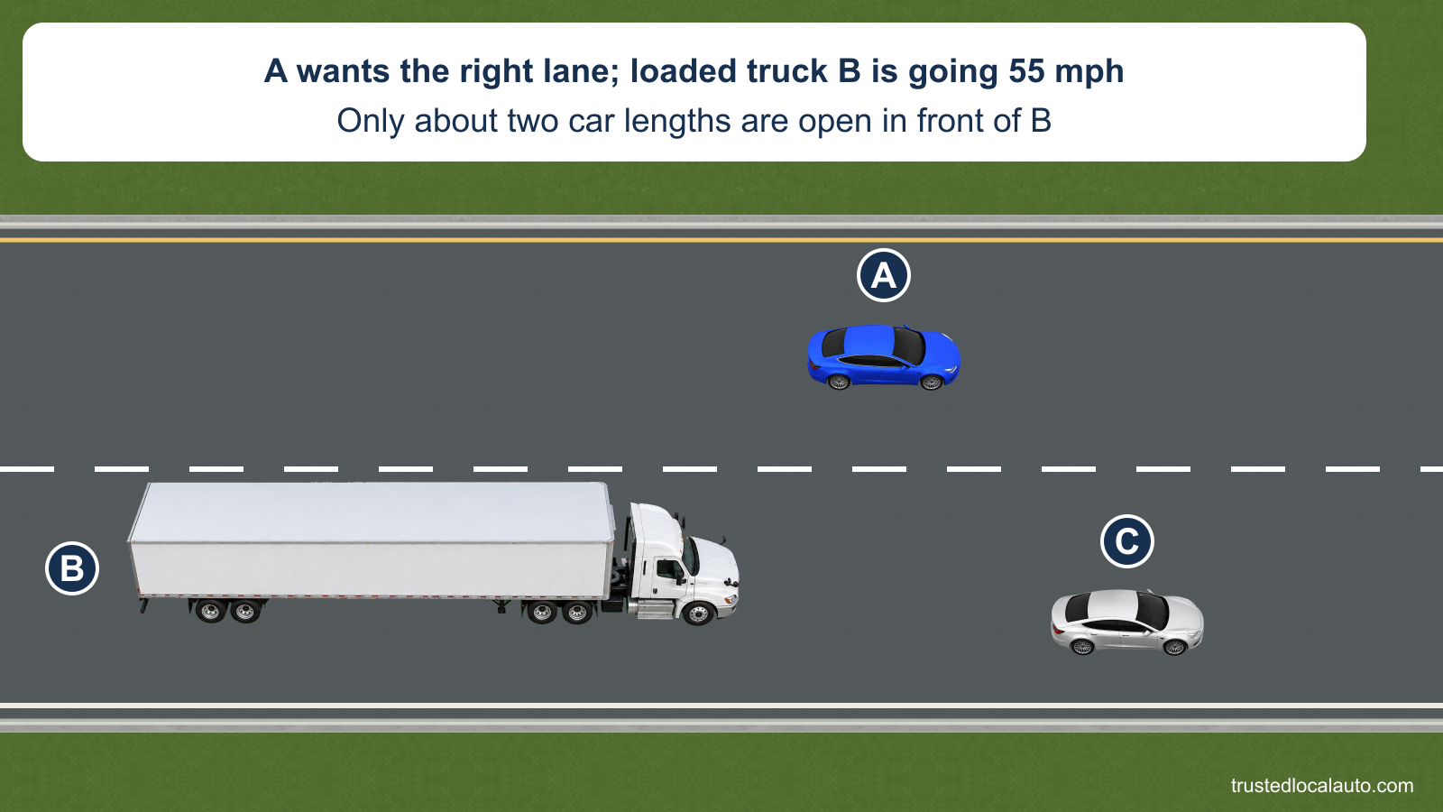 A is in the left highway lane, beside a short open space ahead of loaded tractor-trailer B in the right lane. Car C bounds the front of the gap, which the card gives as about two car lengths; B is going 55 mph.