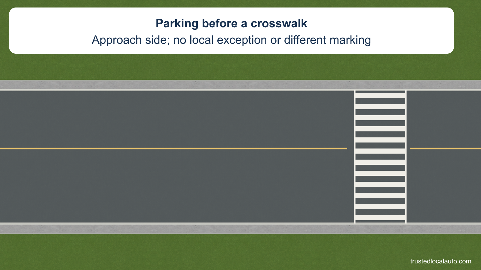 An empty road has a marked crosswalk and a straight curb, with no curb extension. No parked car, clearance value or distance mark is shown.