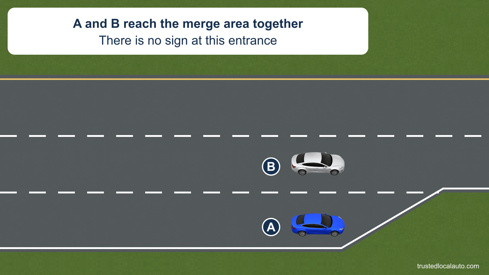 A is near the end of an acceleration lane beside through-traffic car B in the freeway’s right lane. Their front bumpers are level as the entry lane starts to taper, and no sign changes priority.