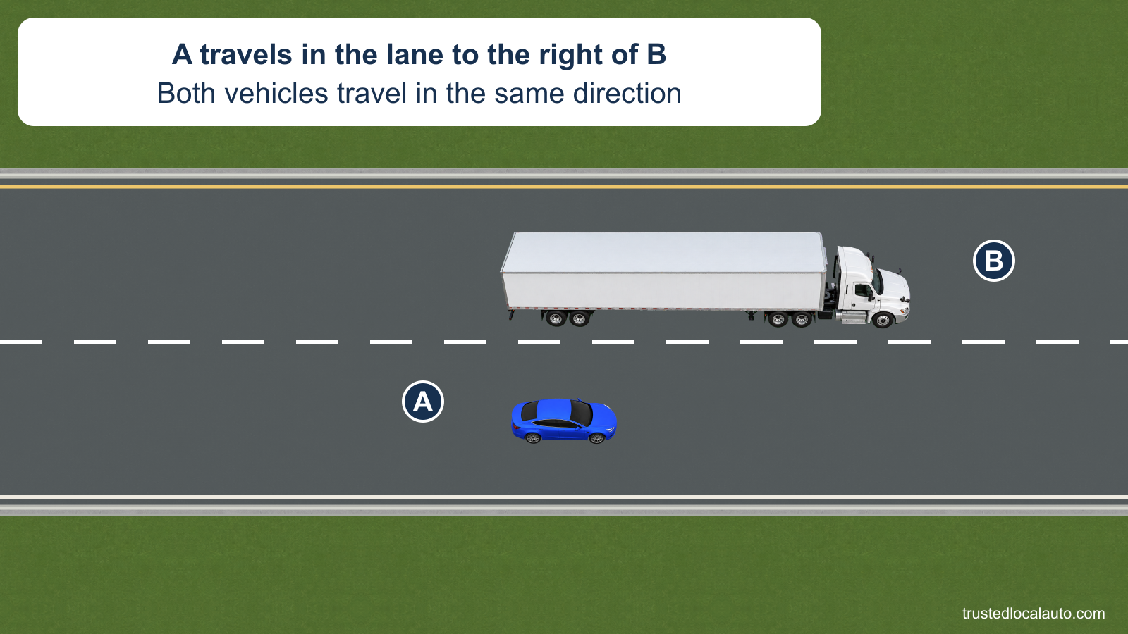 A travels beside the right side of tractor-trailer B on a highway with two lanes in the same direction. The question scene has no shaded blind-spot area.