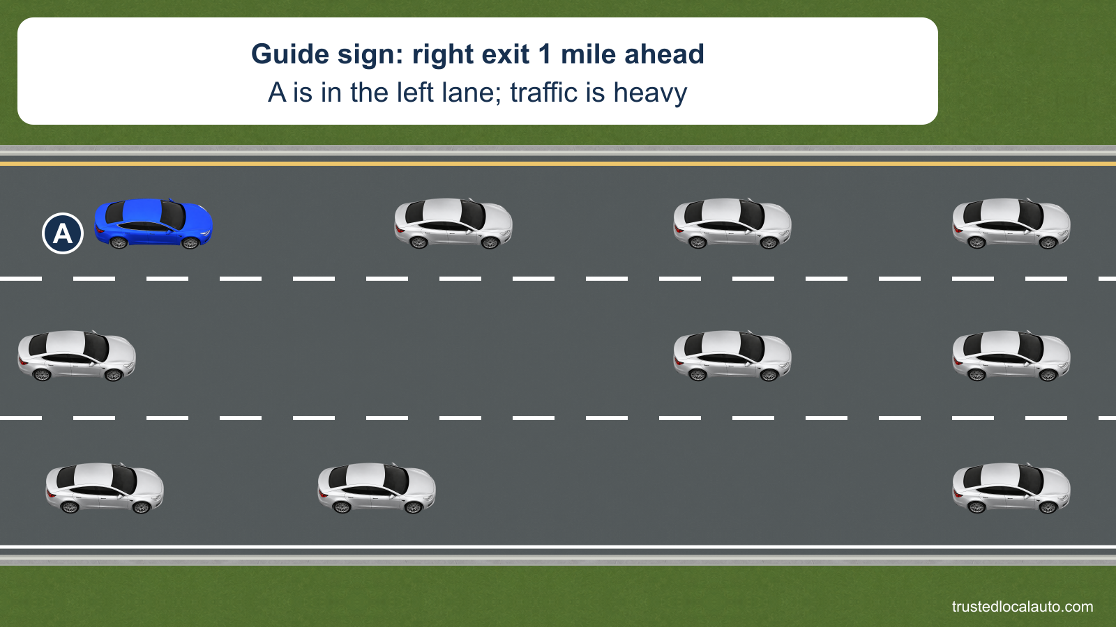 A is in the left of three expressway lanes, with heavy traffic in all three. A fact card reports the guide sign’s message: A’s exit is on the right, 1 mile ahead.