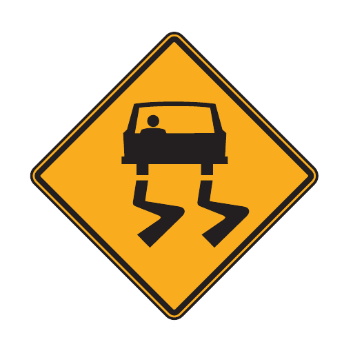 A yellow-orange diamond with a black car above two wavy tracks.