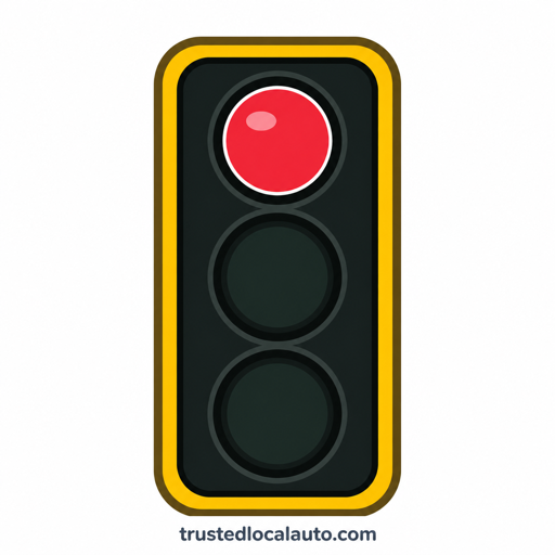 One vertical dark three-lens signal shows its top circular red lamp lit; the two lower lenses are dark.