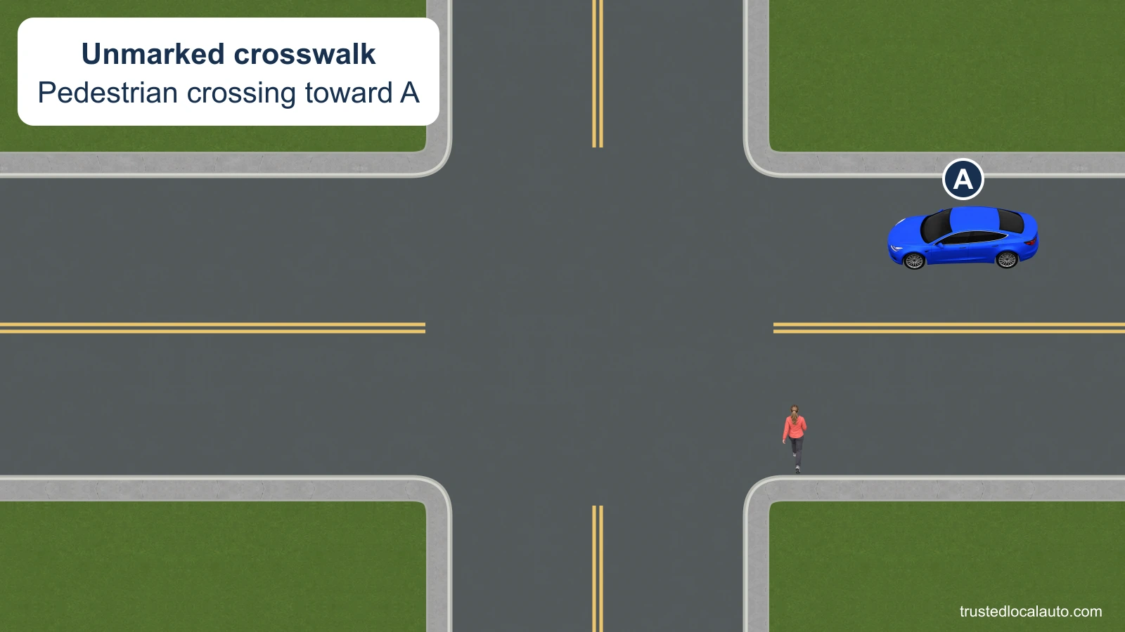 A approaches an unsignalized intersection where a pedestrian has stepped from the far curb into the unmarked crossing toward A's side.