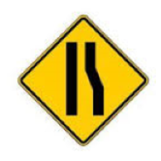A yellow diamond has two black lines. The left line is straight, and the right line bends inward toward it in the upper half.