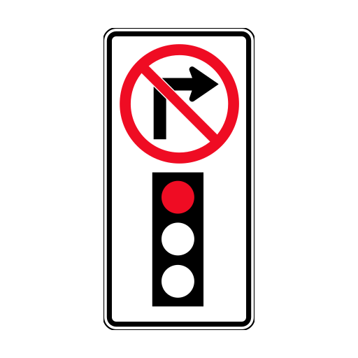 A red-slash right-turn arrow above a traffic-light symbol with its red light illuminated.